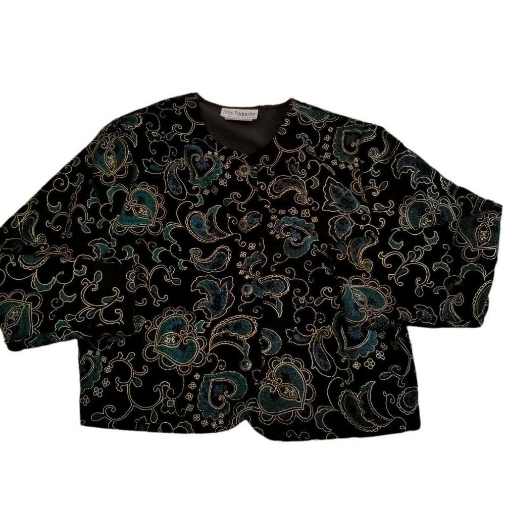 Vintage 80s 90s Black Velvet Jacket Jewel Tone Paisley Green Gold‎ Boxy Fit S/M